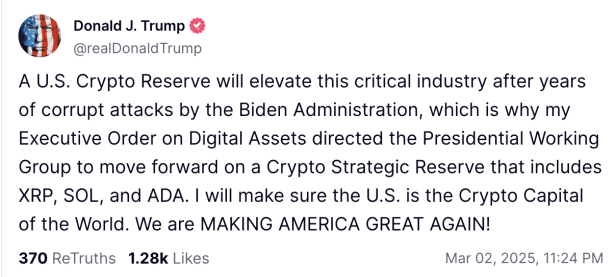 特朗普：推进XRP、SOL和ADA在内的战略储备，确保美国成为世界加密货币之都