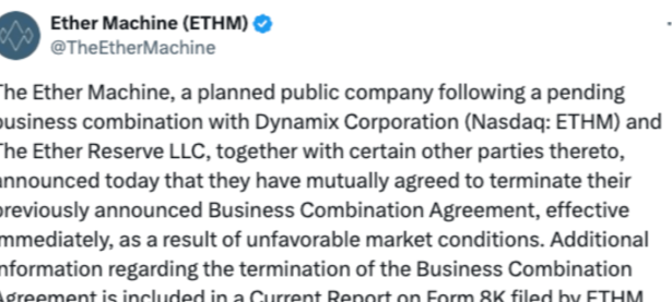以太机因市场条件取消与Dynamix的16亿美元SPAC合并